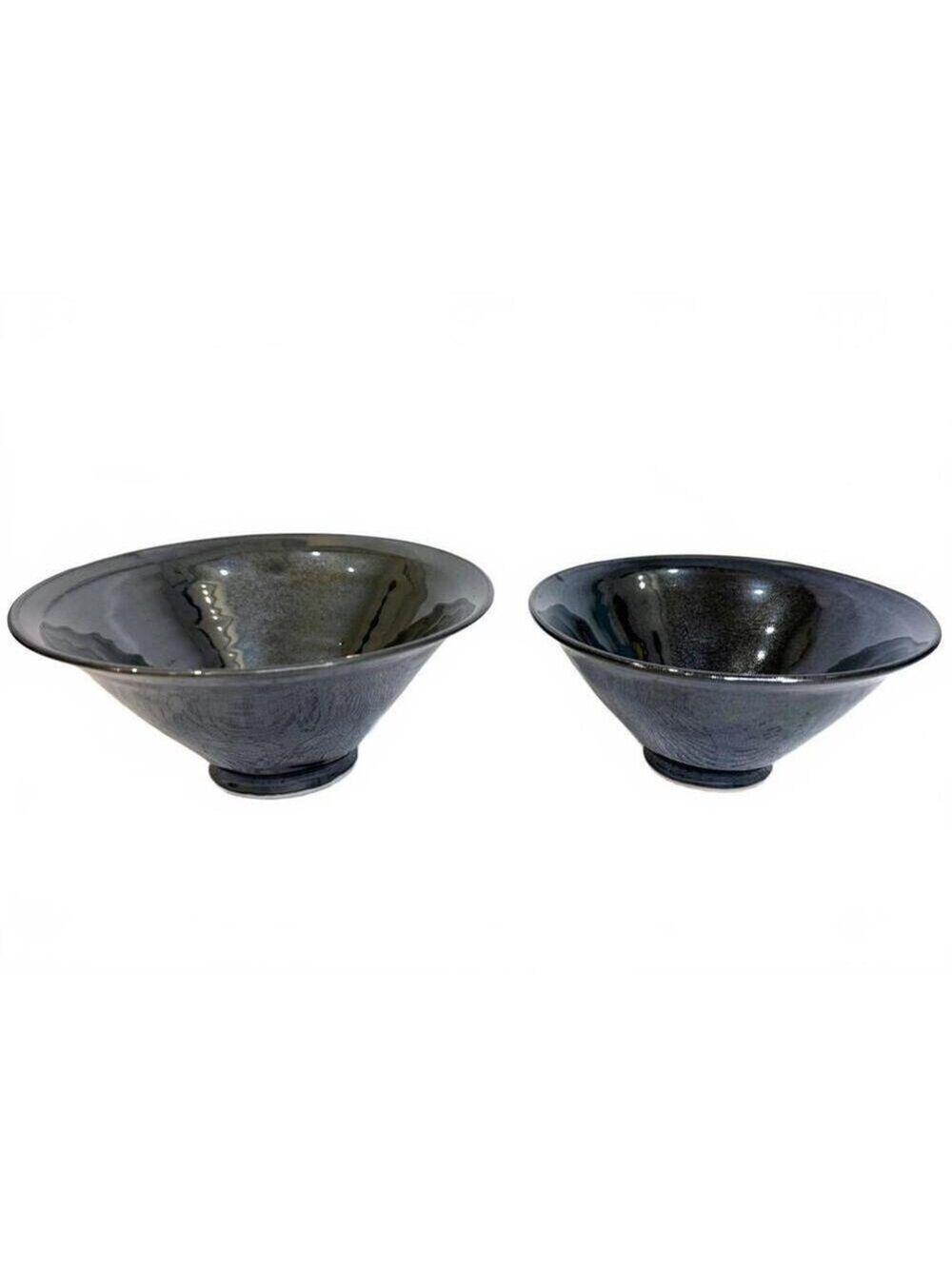 Set of 2 Vintage Studio Pottery Tenmoku Style Bowls Black Glaze Handmade Signed